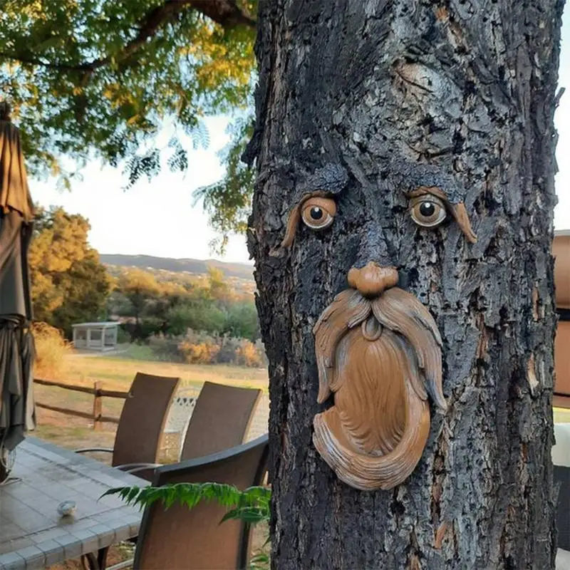 Tree Face Statues Funny Bark Ghost Face Statue Tree Face Wild Bird Feeder Amusing Old Man Face Sculpture Garden Decor Ornaments