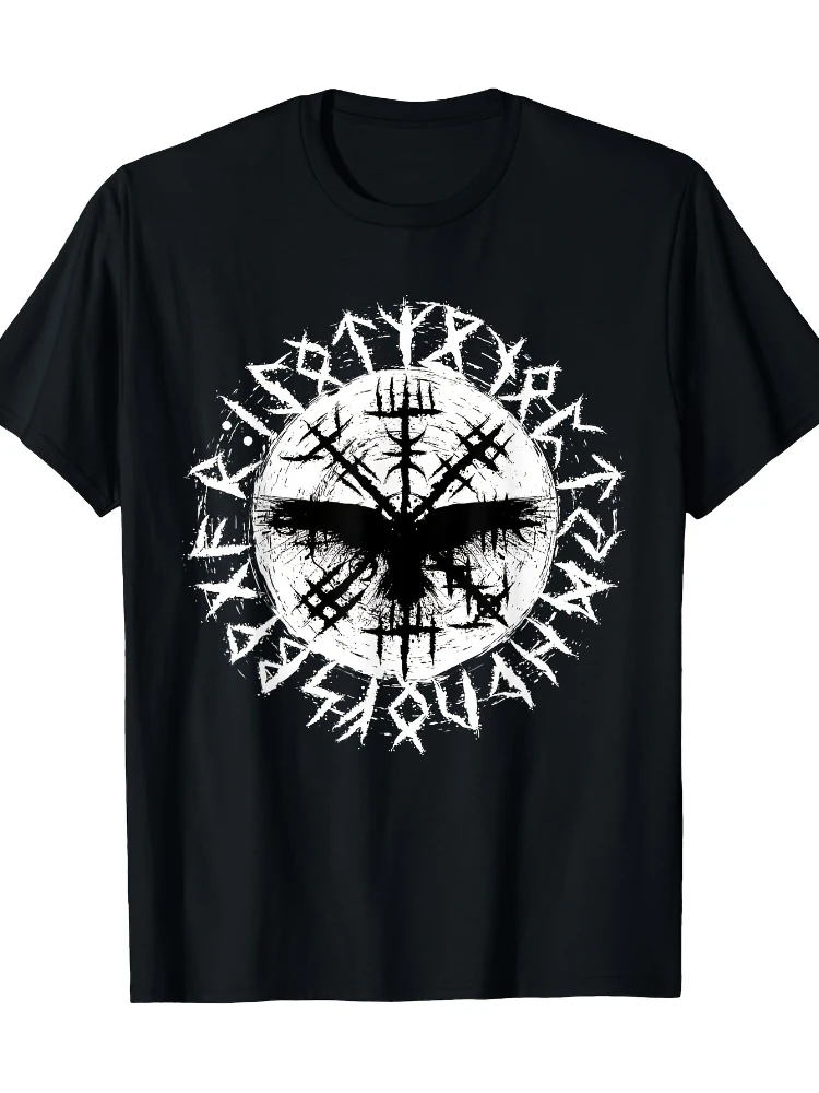 Nordic warrior crow retro rune summer 100% cotton short sleeve printed O-neck T-shirt.