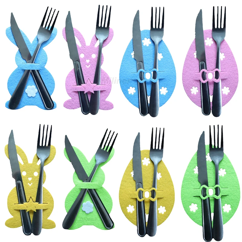 4Pcs Easter Bunny Felt Cutlery Holder Bag Happy Easter Decoration for Rabbit Cutlery Cover Bag Party Table Tableware Accessories