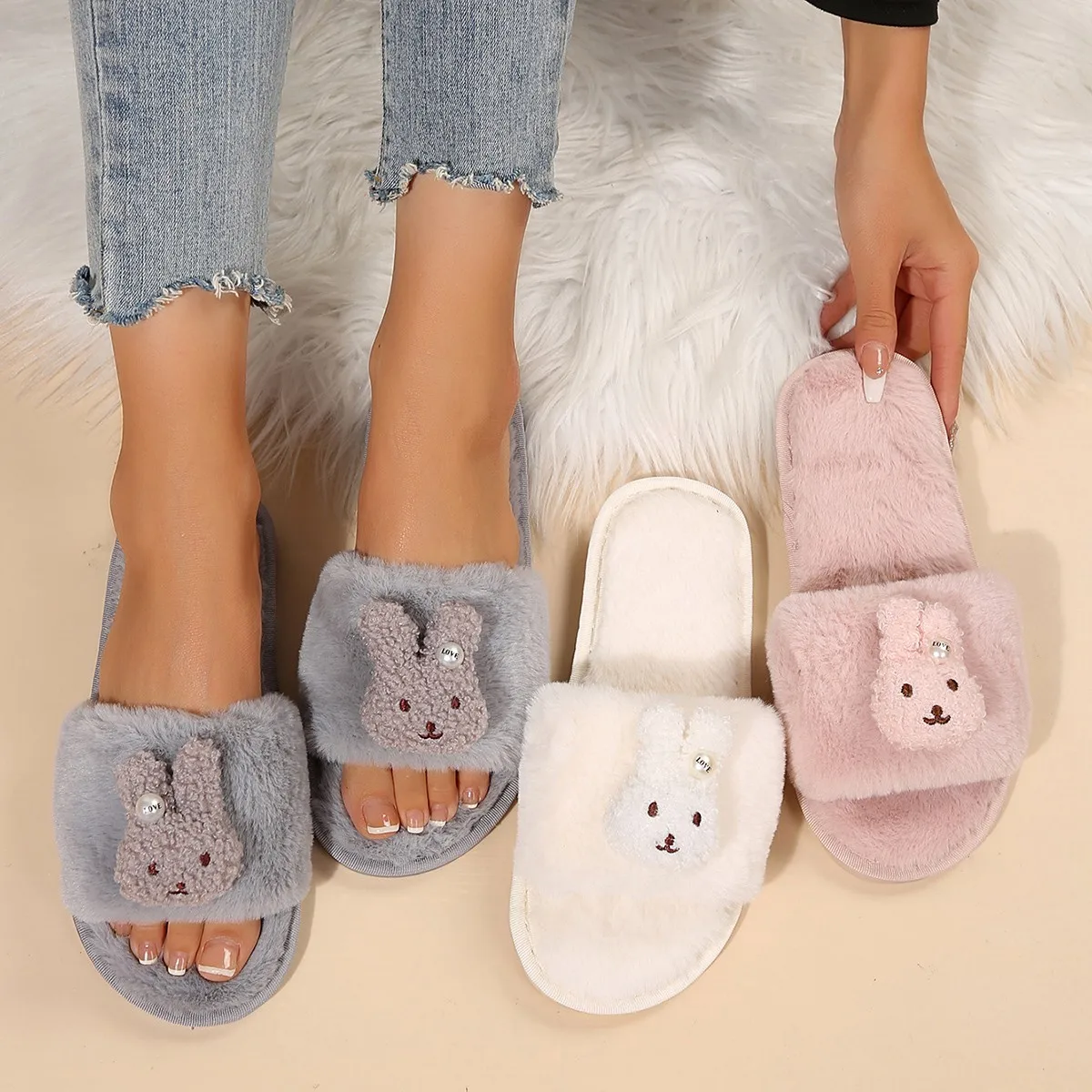 New Winter Women Fashion Non-Slip Plush House Slippers Soft comfortable Furry Open Toe Non Slip Cotton Slippers Slides Female