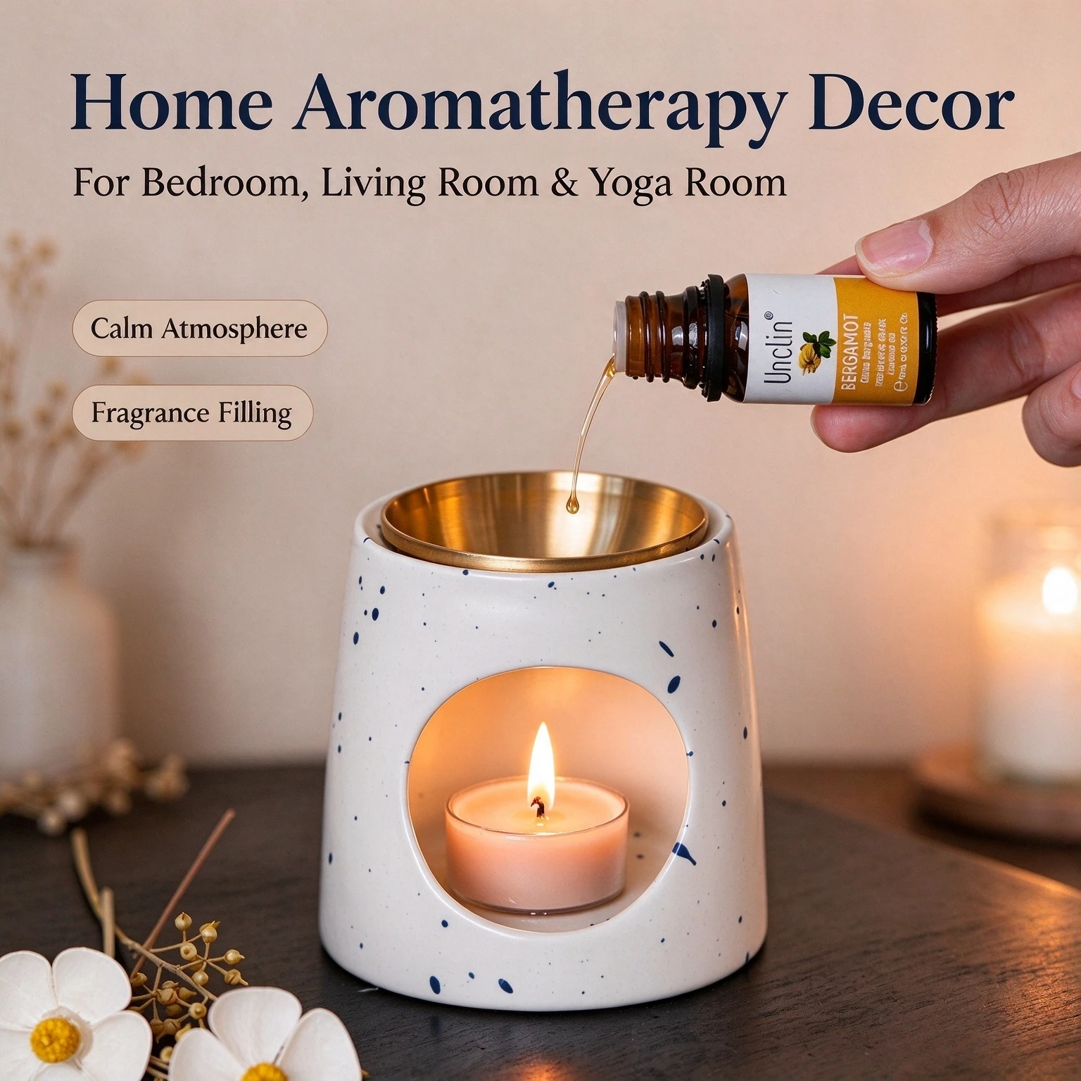 Speckled White Ceramic Wax Melt Burner, Gold Rim Tealight Candle Holder, Aromatherapy Oil Burner for Home Decor Fragrance Gift