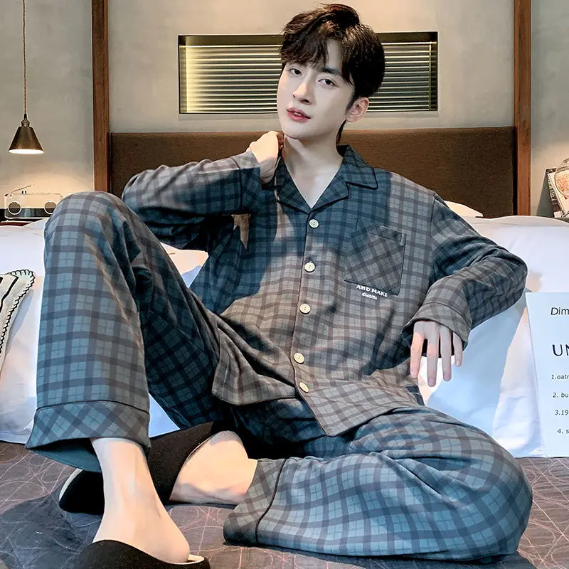 Autumn Long-sleeved Men's Pajamas Cotton Cardigans Sleepwear Spring Autumn Young and Middle-aged Plaid V-neck Loose Loungewear