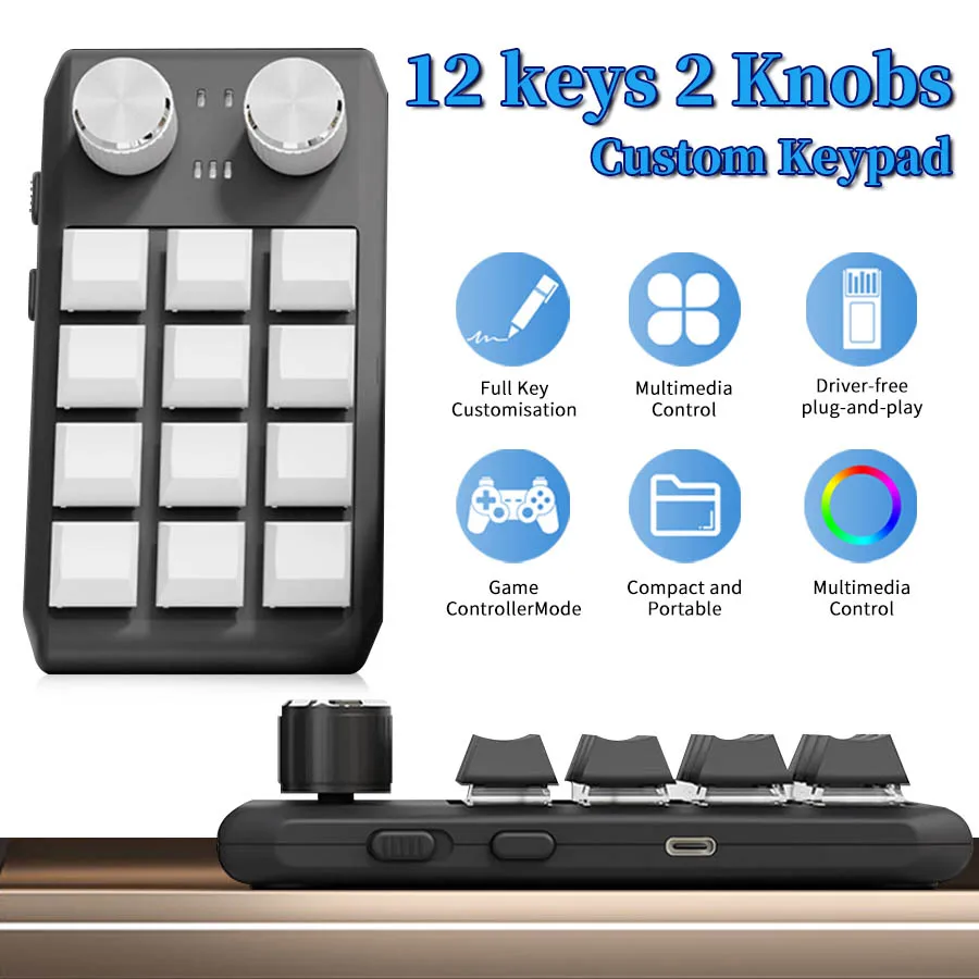 

12 Keys 2 Knobs Macro Mini Keyboard USB Wired Bluetooth Programming Custom Mechanical Macropad Hot-swap Photoshop Gaming Keypad