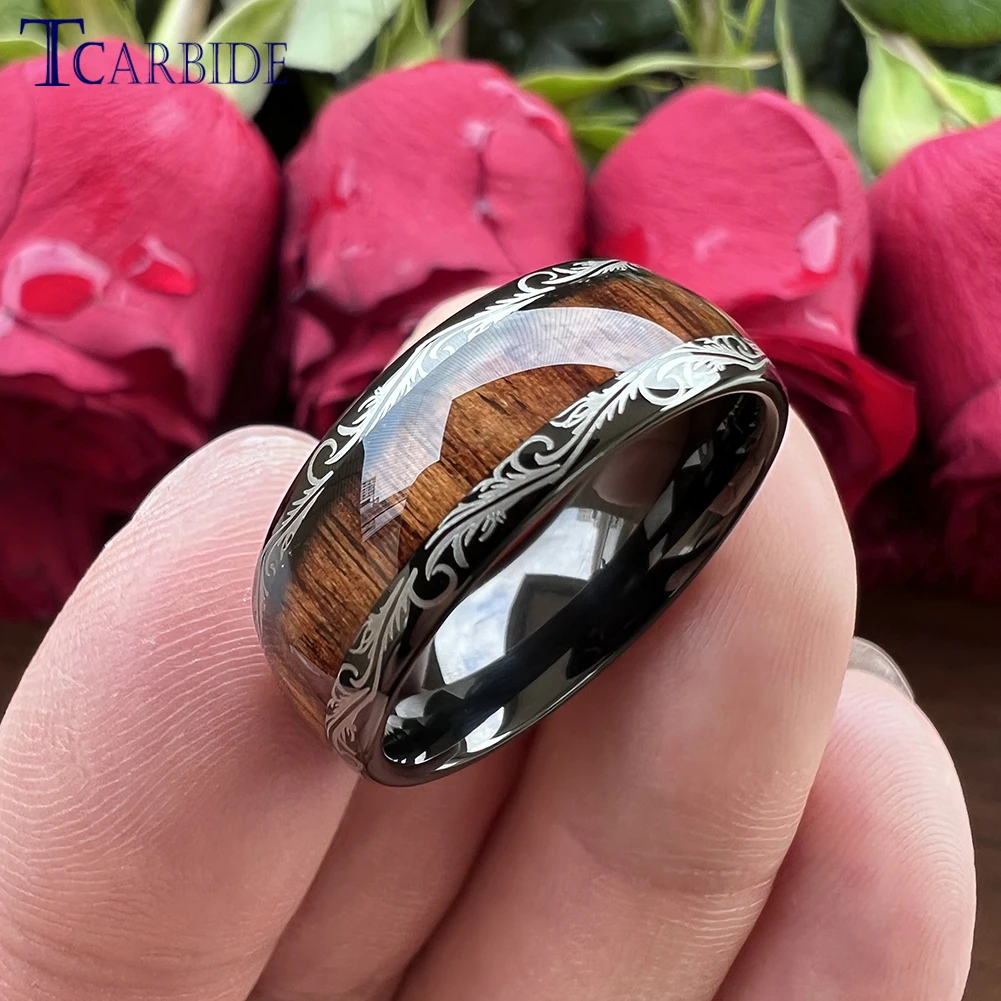 

Dropping 8mm Men Women Tungsten Carbide Ring Black Wedding Band Engraving Nice Pattern And Real Wood Inlay Fashion Jewelry