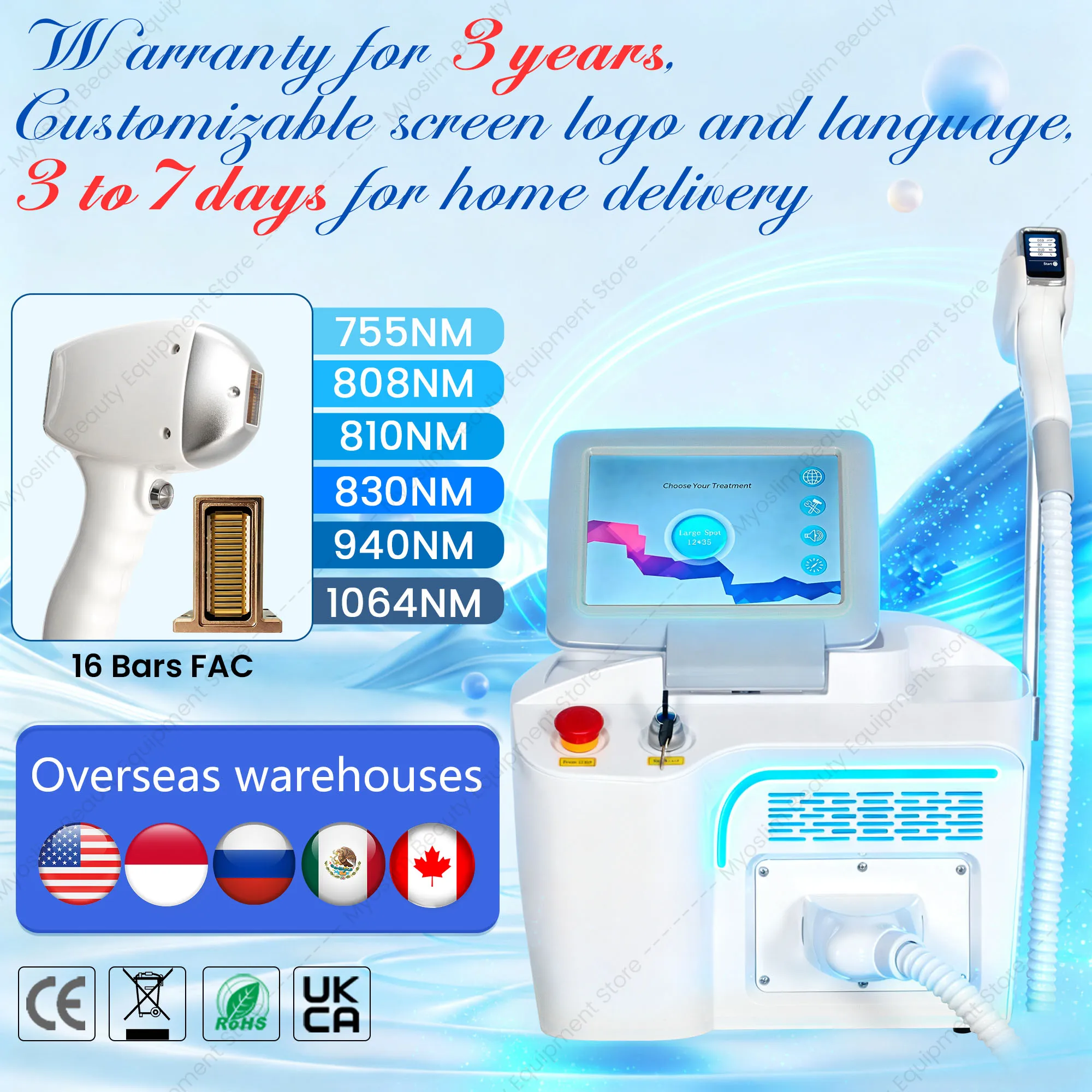 808 Diode Laser Machine Handheld LED Color Touch Handle Stable Energy Output For Professional Beauty Center Hair Removal Use