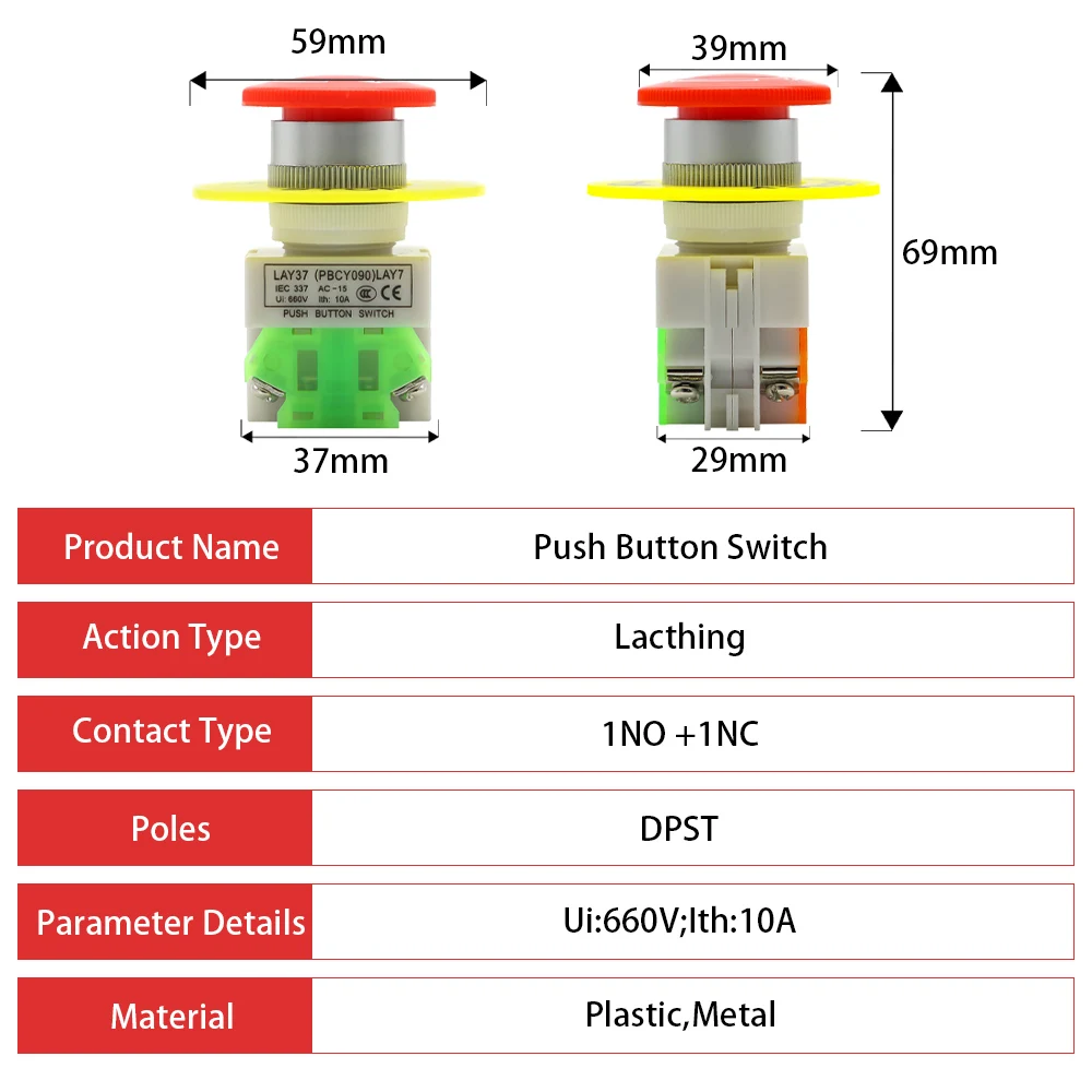 Red Mushroom Cap 1NO 1NC DPST Emergency Stop Push Button Switch AC 660V 10A Switch Equipment Lift Elevator Latching Self Lock