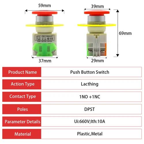Imagen 2 del producto Tapa de seta roja 1NO 1NC DPST interruptor de botón de parada de emergencia AC 660V 10A equipo de interruptor elevador enganche autobloqueo