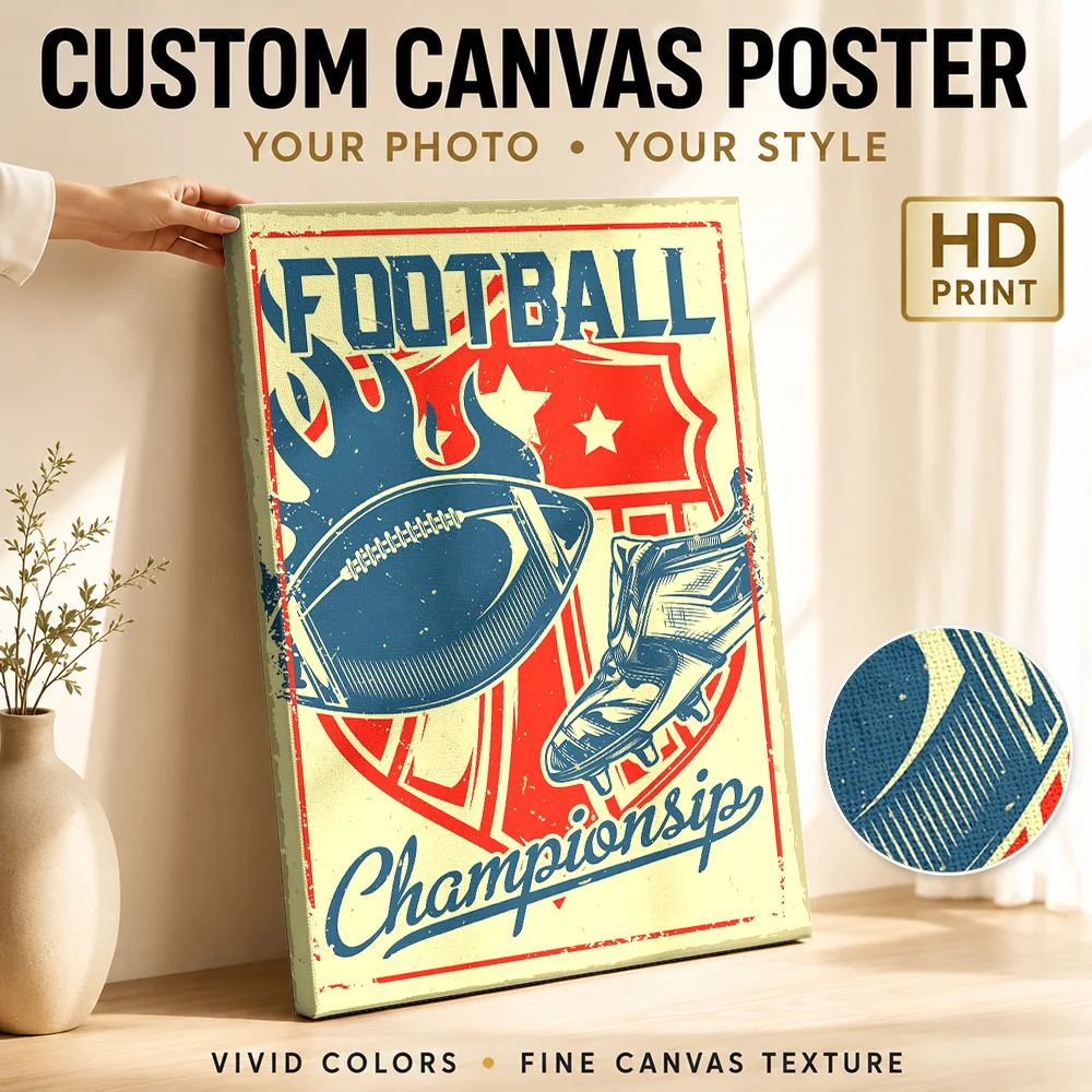 American Football Championship Emblem Canvas Print Personalized Photo Retro Graphic Wall Art For Workout Room, Sports Fan Gift