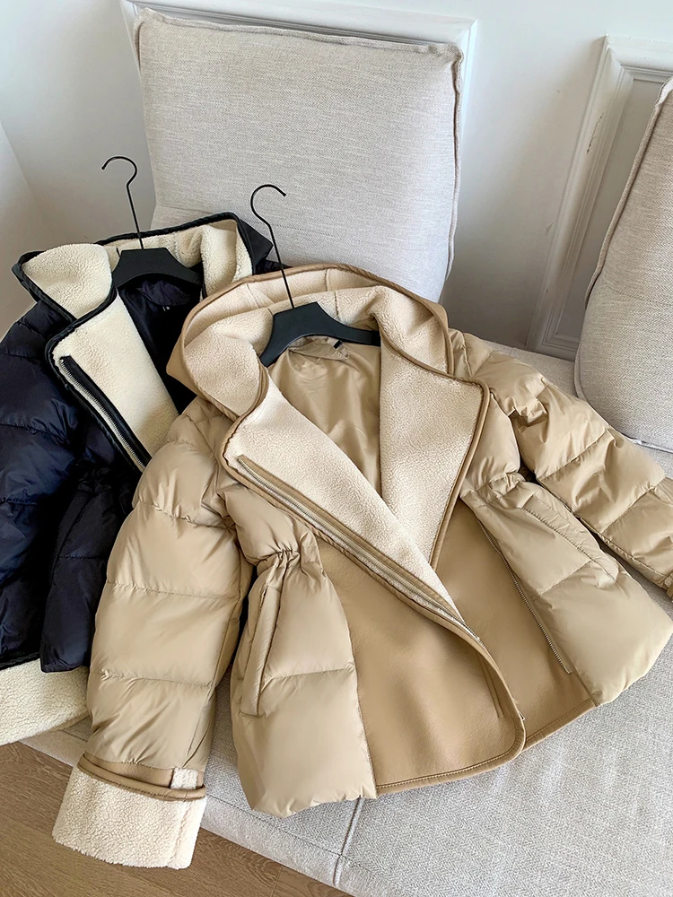 Schinteon Women Lambswool White Duck Down Jacket with Hood Autumn Winter Warm Outwear Casual Patchwork Coat European Style