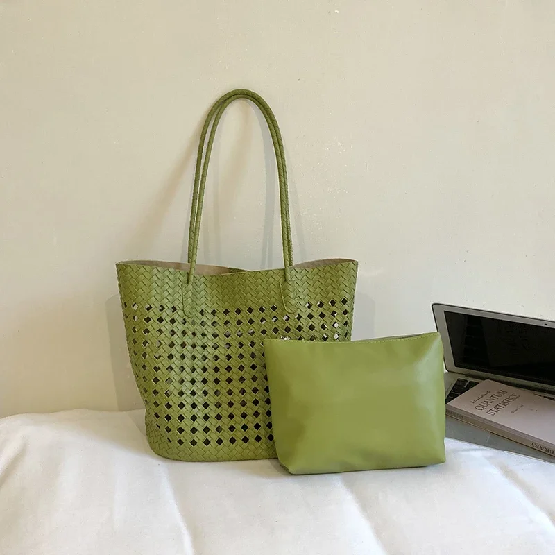 Rattan-Geflochtene Hohle Schultertasche mit Passender Geldbörse, Sommer-Shopper für Markt, Strand und Pendeln, Leichte Handtasche mit Offener Webung – Detail 14