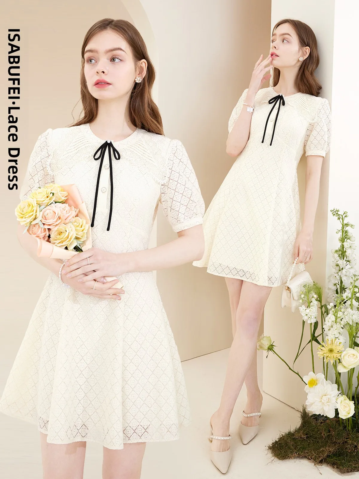 Isabufei Col en dentelle Dr Femme Été Che Design Bubble Sve Or Sve Petite taille Princ Dr