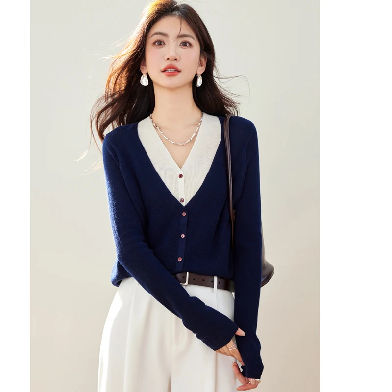 

Women Fashion Contrast Color Splicing Knitted Cardigan Tops 2025 New Autumn Sexy V-Neck Long Sleeved Casual Sweater Female