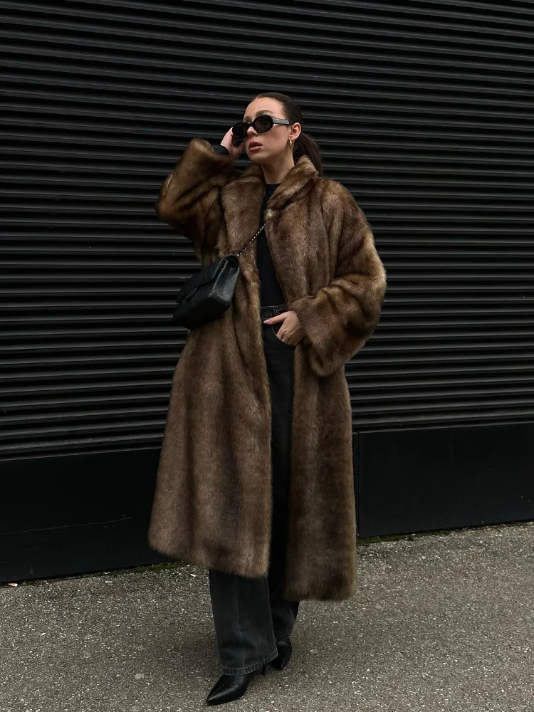 Women Autumn Winter Brown Faux Fur Warm Long Coats Elegant Lapel Single Breasted Thicken Overcoat Chic Lady Fluffy Plush Outwear