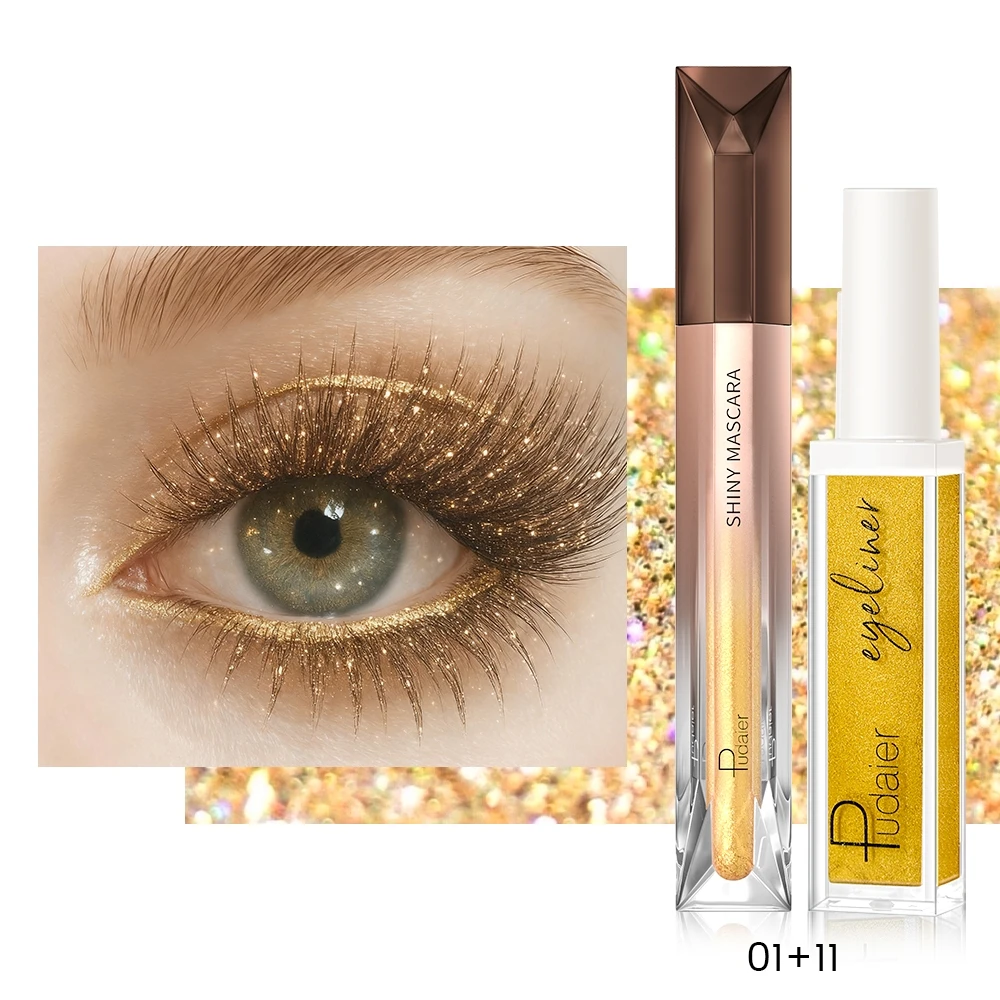 2-teilige Glitzer-Mascara und metallisches Eyeliner-Duo, wasserfest, wischfest, langanhaltender Glanz für luxuriöses Glamour-Make-up