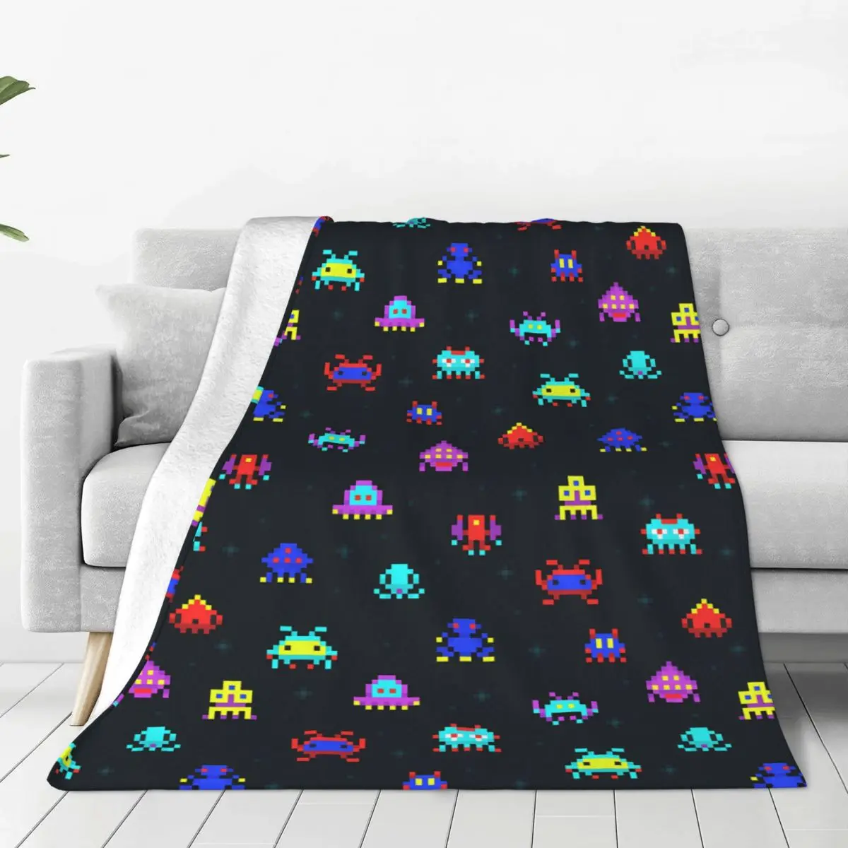 Cute Pixel Robots Space Invaders Retro Video Premium Flannel BlanketBlankets For Chair Sofa Bed Travel Bedspread Tapestry