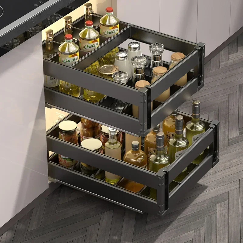 Kitchen Cabinet 304 Stainless Steel Double-layer Drawer Kitchen Cabinet Storage Bowl Basket Seasoning Spice Pull Basket