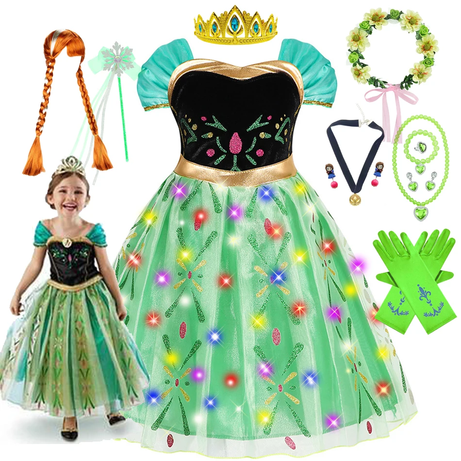 Girls Anna Dress Kids Costume with LED Children Cosplay Princess Clothes Carnival Halloween Birthday Party Fancy Light up 2-10T