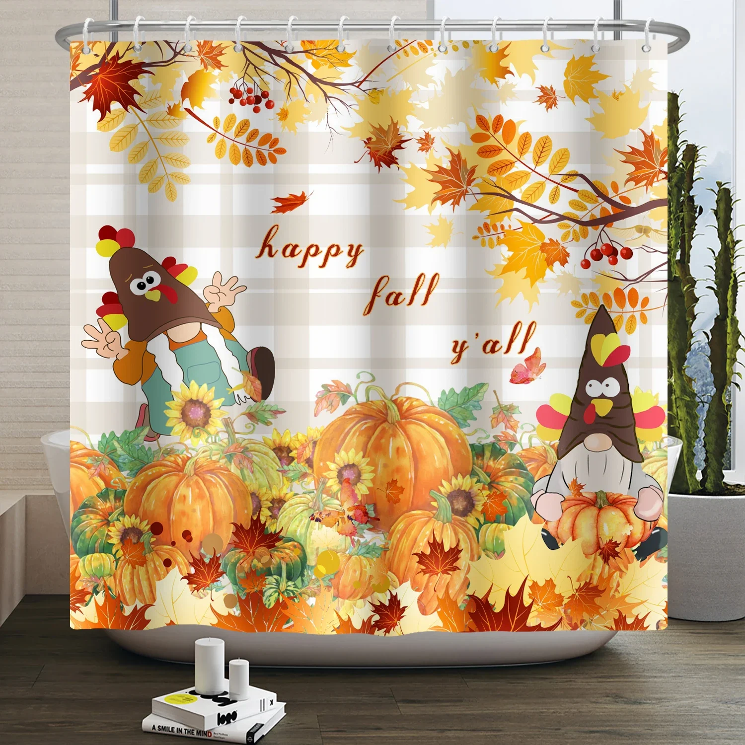 Autumn Scene Shower Curtain Fall Forest Maple Pumpkin Thanksgiving Harvest Wheat Field Farmhouse Bathroom Curtain Waterproof