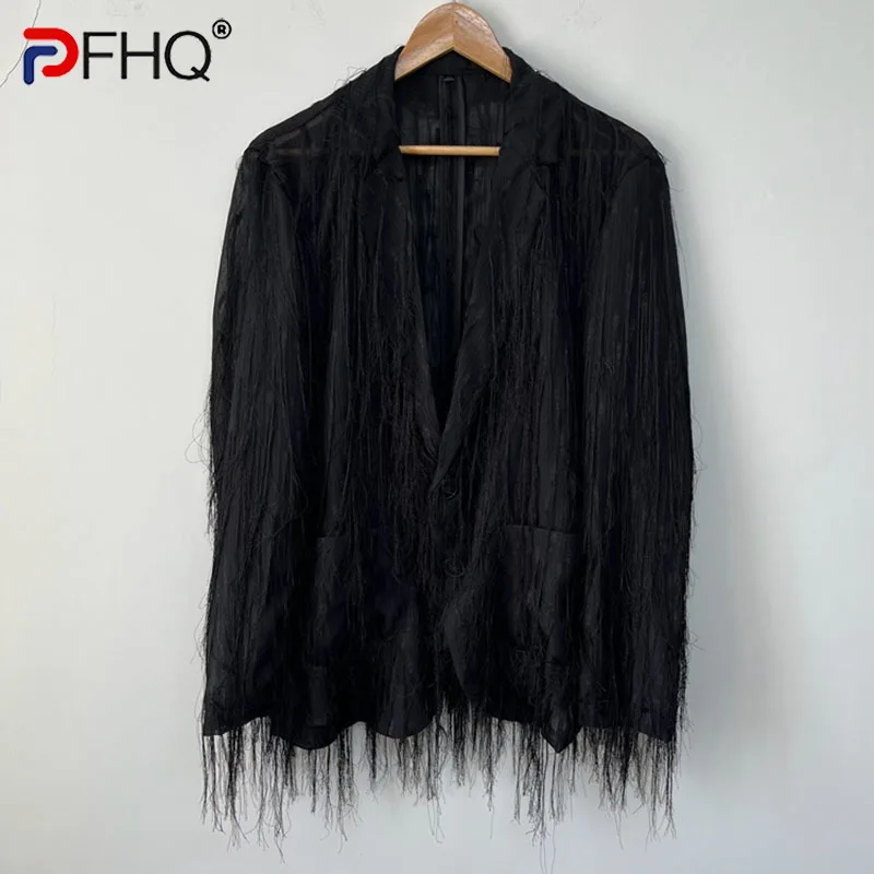 PFHQ Solid Darkwear Chic Loose Tassel Causal Blazers For Men Single Breasted Long Sleeve Men\'s Coat 2023 Summer New Tide 21F3863