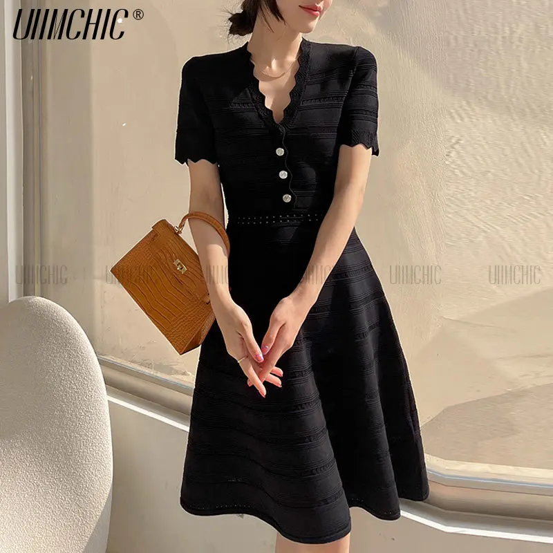 Wavy Edge V-Neck Buttons A-Line Midi Women Dress Hollow Ice Silk Knitting Dress Summer French Elegant Gentle Wind High Clothing