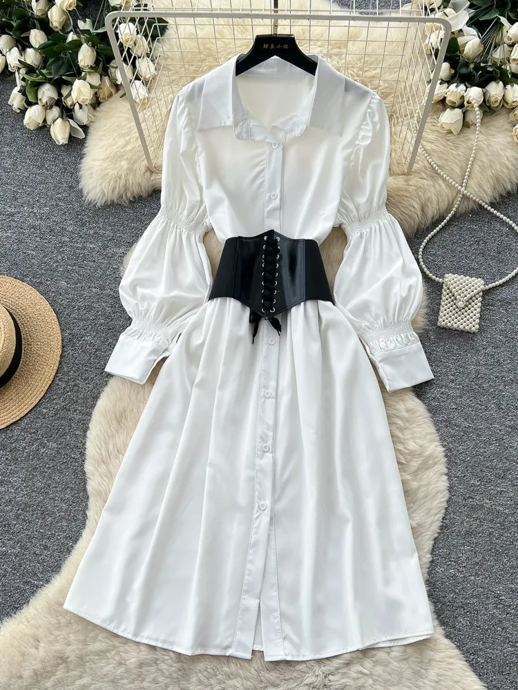 Women's French White A-line Dress Vintage Elegant Lantern Sleeve Tie Waist Long Sleeve A-line Shirt Dress for Women Summer 2026
