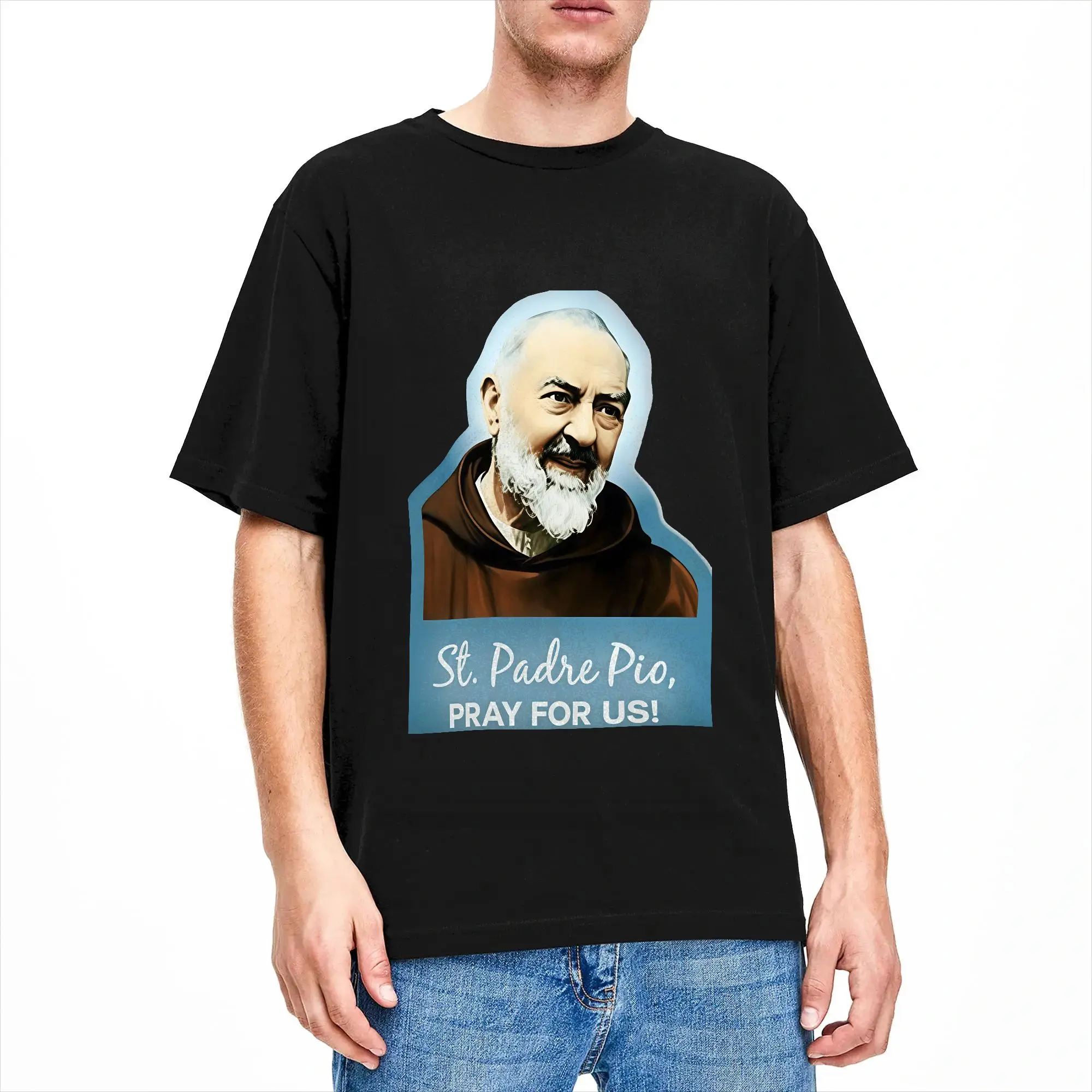 Saint Padre Pio Pray For Us Men T Shirts  Creative Tees Short Sleeve Crewneck T-Shirt 100% Cotton Plus Size Tops