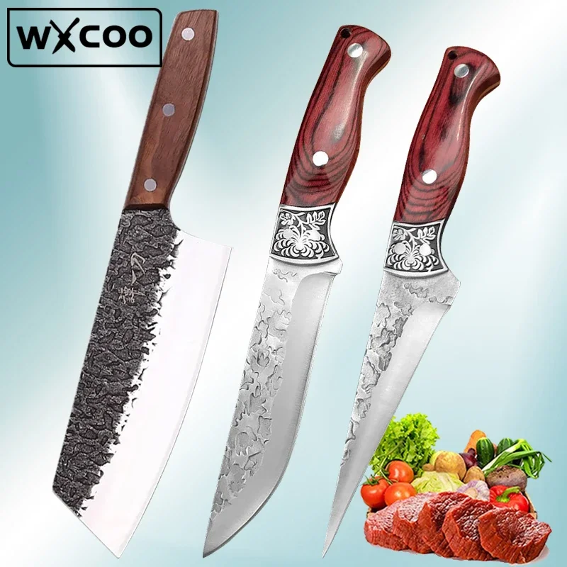 WXCOO Forged Kitchen Chef Knife Set High Carbon Steel Meat Cleaver Boning Knife Professional Butcher Fish Fruit Knife with Cover