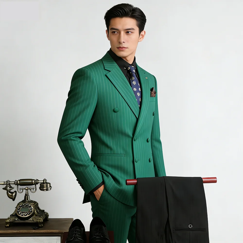 

Мужской премиум-костюм-тройка в полоску с двубортным пиджаком для деловых встреч, торжественных мероприятий, жениха, шафера, свадьбы