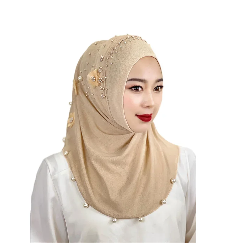 

Pearl Muslim Hijab Cap Plain Color Pre-Tied Flower Hijab Lightweight Muslim Head Wrap for Women and Girls