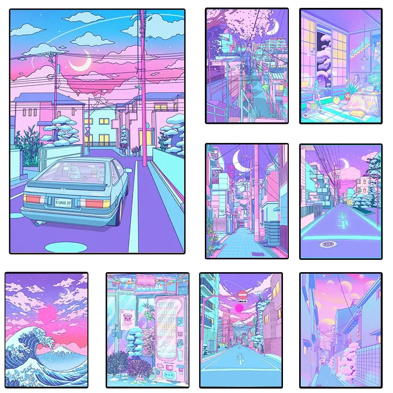 Vaporwave Neon City Street Canvas Poster  s Korean Moon Anime Wall Art Prints for Kids Kawaii Room 