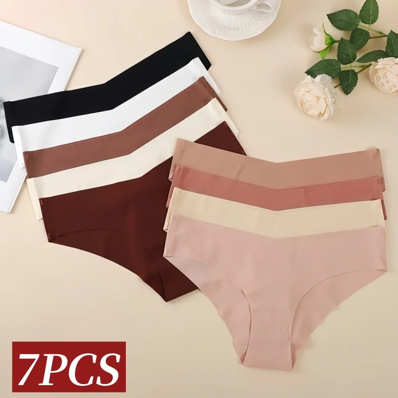 7Pcs/Set Women's V-Waist Panties Seamless Low-Waist Bikin Briefs Ladies Sexy Lingerie Ice Silk No Show Invisible Underwear XS-XL