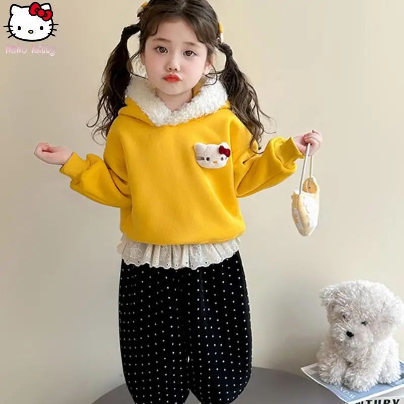 

Теплый свитшот с капюшоном «Hello Kitty» для девочек, брючный костюм с героями мультфильмов, осенне-зимний аниме, новые модные топы из двух предметов Kawaii Sanrio