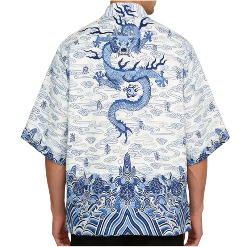 Japanese Dragon Print Kimono Cardigan for Men Women Blue Cloud Wave Pattern Summer Traditional Loose Casual Yukata Haori Coat