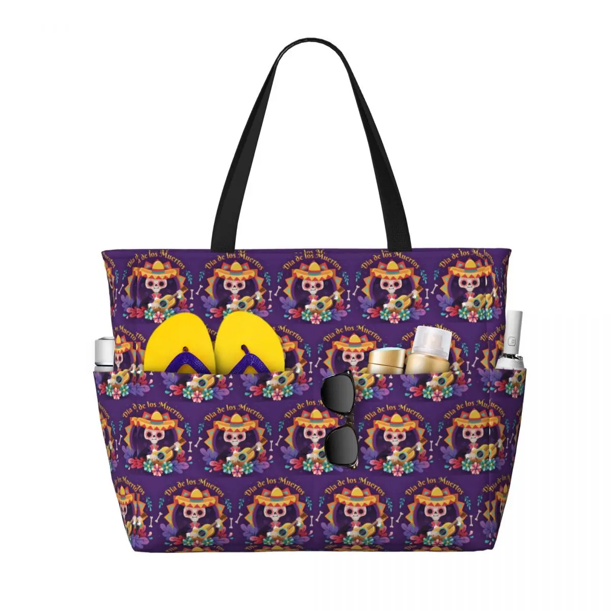 

Mexican Sugar Skulls And Flowers Beach Tote Bag Sport Gym Yoga Duffle Large Tote Bag Women Travel Bag Fitness bag