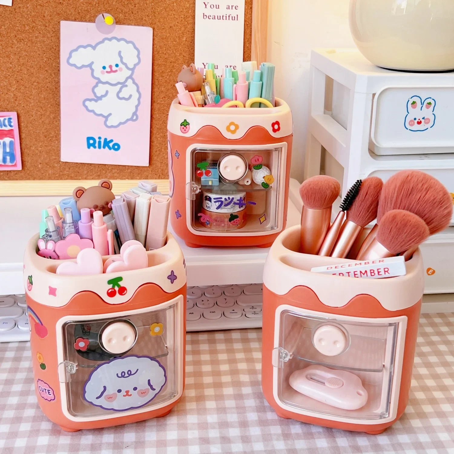 Imagem -04 - Lápis Pot Kawaii Pig Pen Titular Organizador de Mesa Fita Washi Multifunções Recipiente de Armazenamento de Escova Material de Papelaria de Escritório 1pc