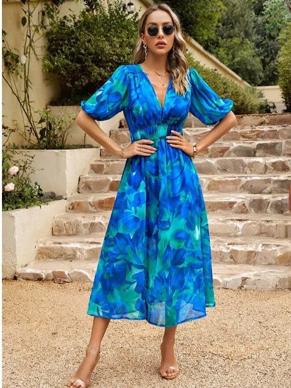 Letnia sukienka z głębokim dekoltem w serek, wyszczuplająca, z kwiatowym nadrukiem, szyfonowa, długa, damska, z wysokim stanem.