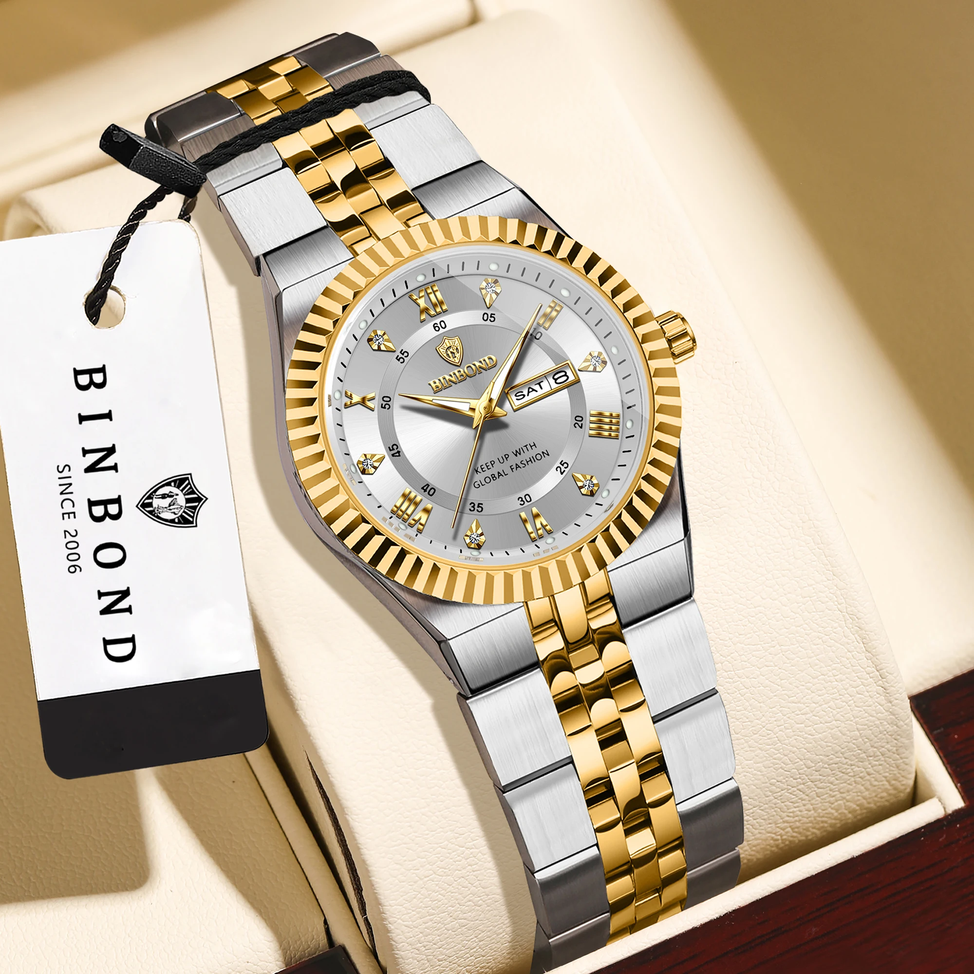 BINBOND Original Quartz Watches For Men Week Display Auto Date Stainless Steel Luminous Waterproof Men's Watch Luxury Reloj