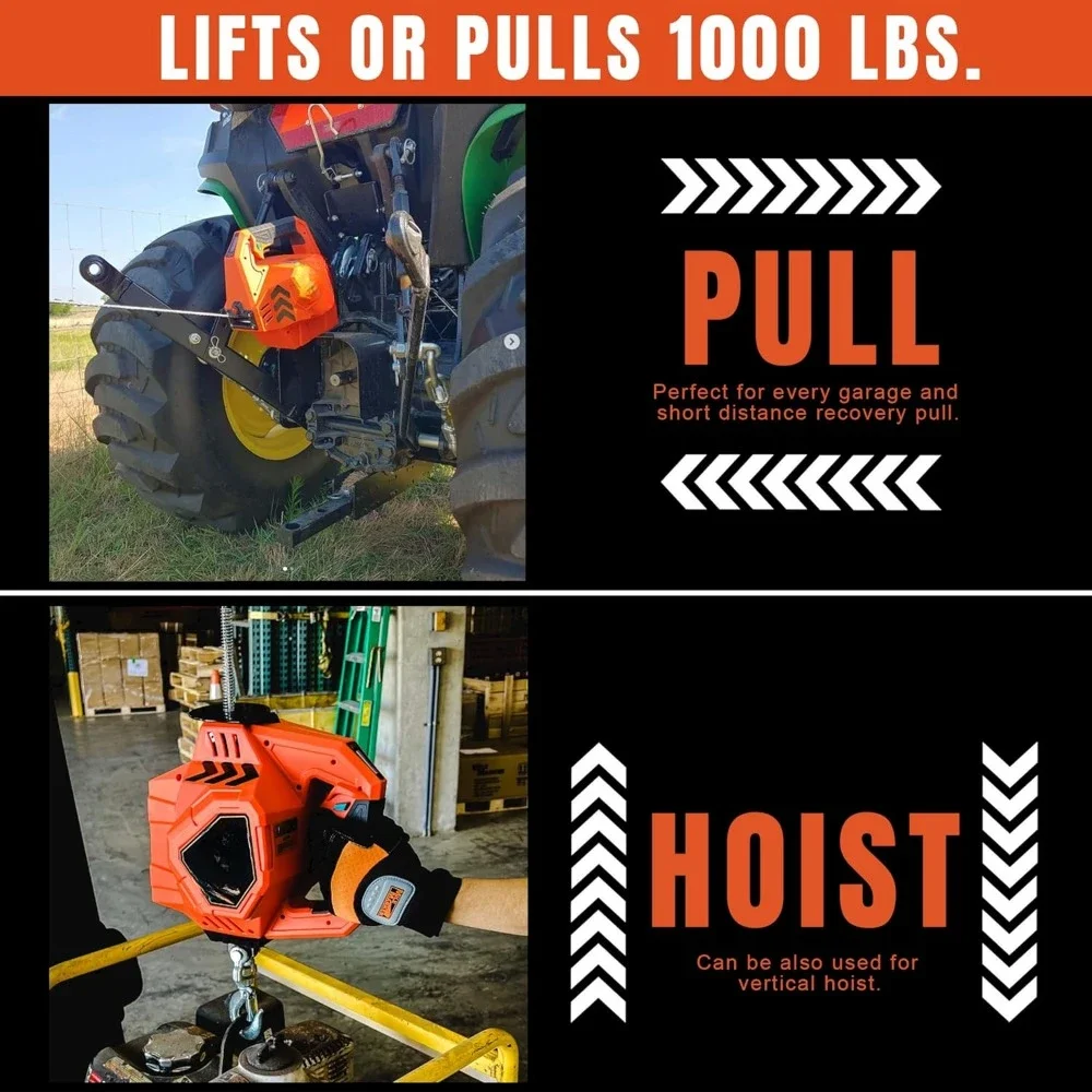 Rhino Pull 1000-24V Portable Electric Winch Battery Powered Winch 1/2 Ton (1000 Lb) Electric Hoist Wire and Wireless