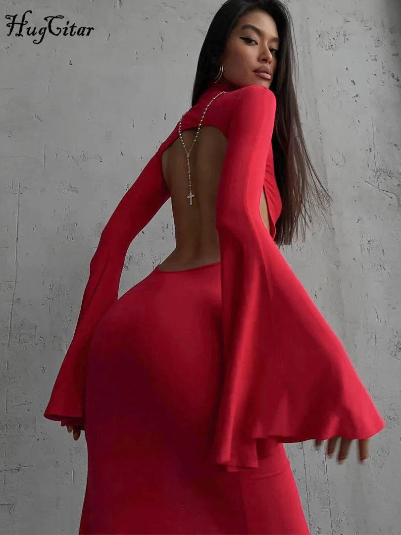 Hugcitar Turtleneck Solid Long Sleeve Backless Slit Sexy Slim Maxi Prom Dress 2024 Spring Women Clothes Birthday Party Y2K