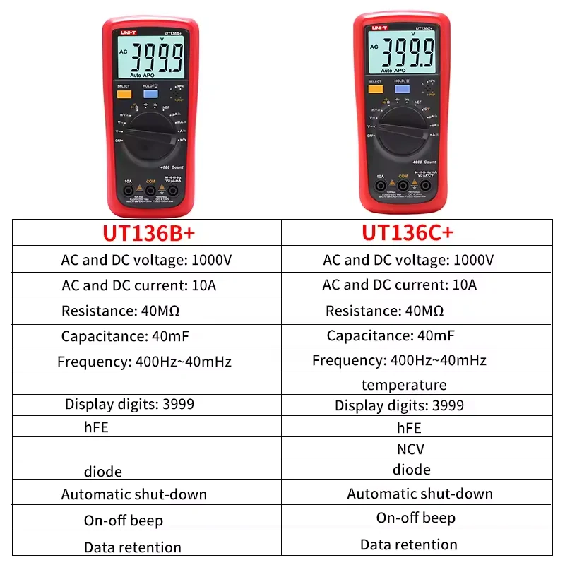 UNI-T Digitale Multimeters UT136B+ UT136C+ DC AC Stroom Spanningsmeter 4000 Count Display Multi Tester Transistor Tester