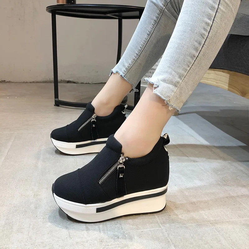 Scarpe da donna con zeppa alla caviglia con plateau scarpe con fondo spesso slip on cerniera moda casual scarpe da ginnastica femminili scarpe