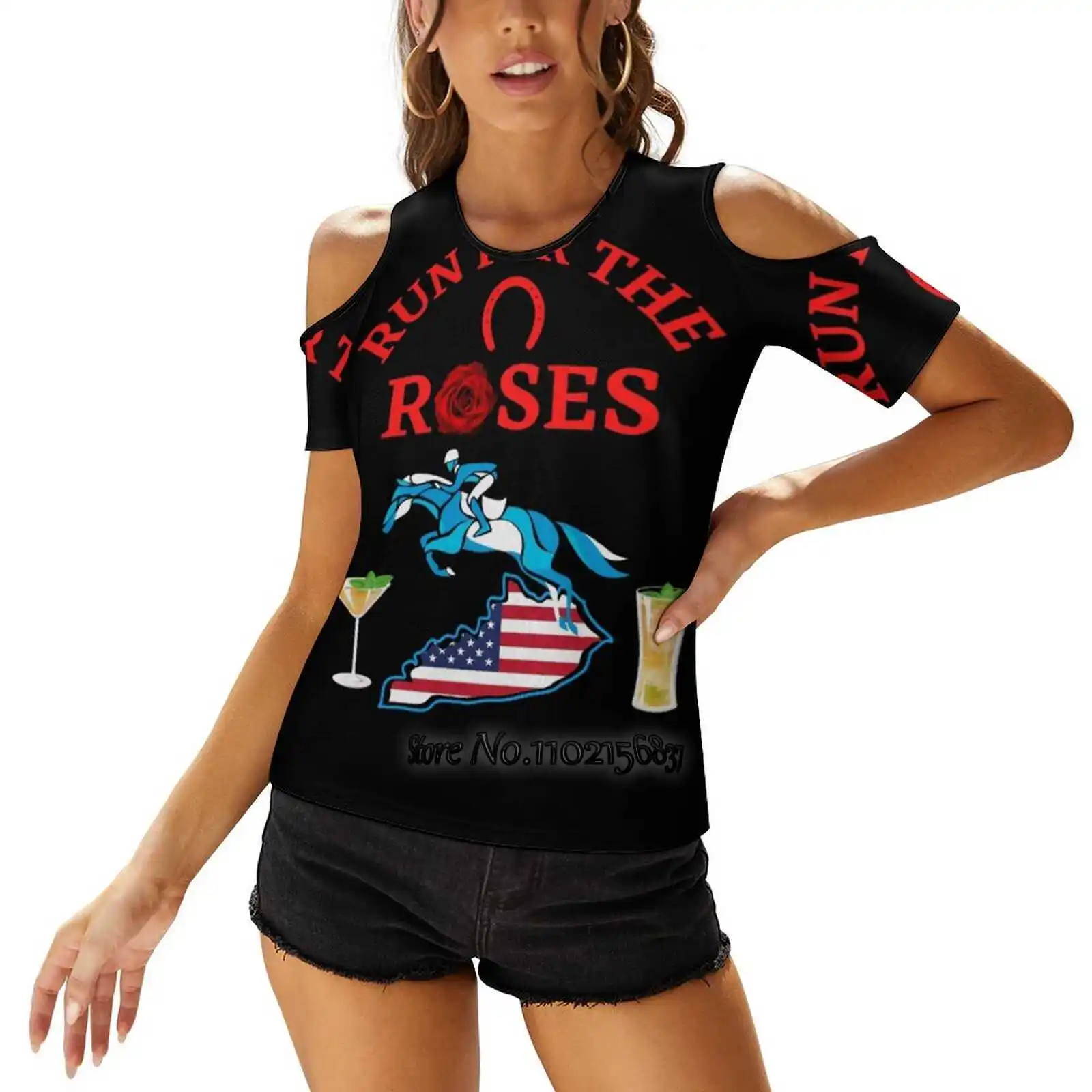 Run For The Roses Fashion Print T Shirts One Shoulder Lacing T-Shirt Women Ladies Girls Tops & Tees Derby Horses Horse Racing