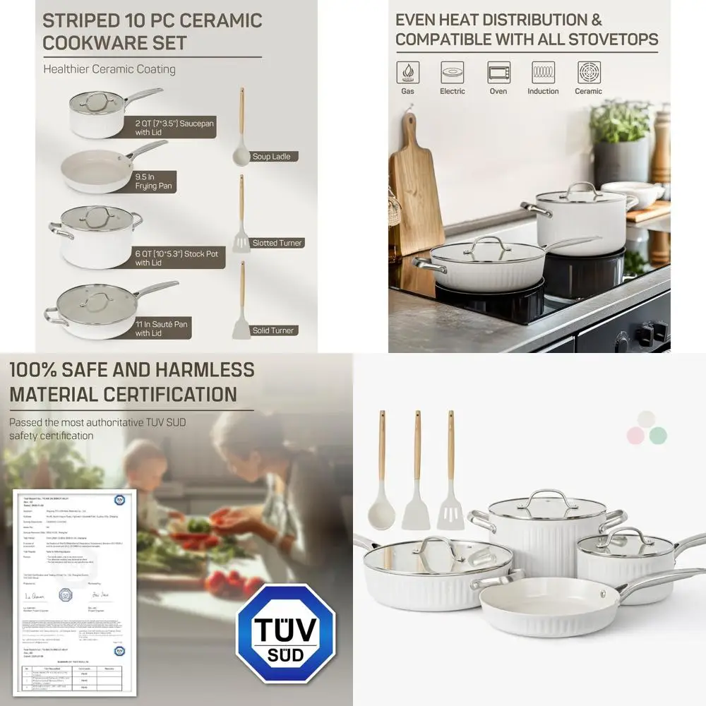 

10-Piece Nonstick Ceramic Cookware Set with Cool Grip Handles, Dishwasher and Oven Safe, Suitable for All Cooktops, White