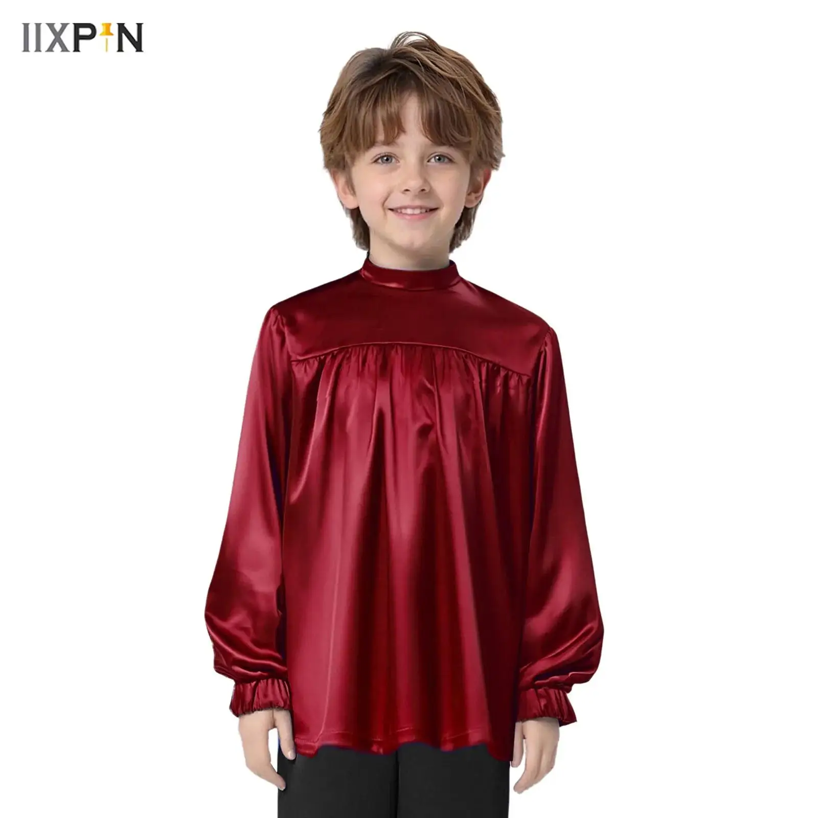 

Kids Boys Praise Liturgical Dance Tops Blouses Mock Neck Long Sleeve Back Invisible Zipper Satin Pullover Top Worship Dancewear