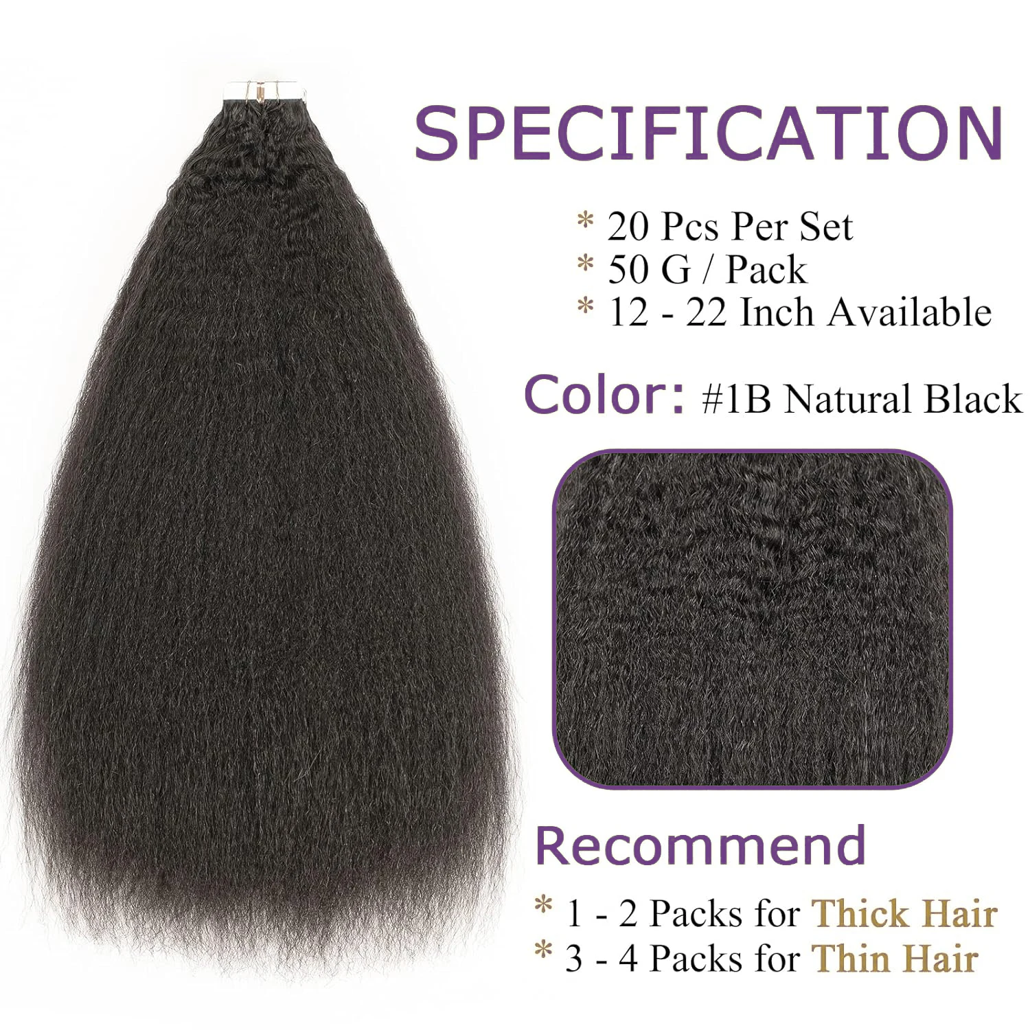 Kinky Straight Tape In Hair Extensions Voor Vrouwen 40 Stuks Volledig Hoofd Echt Menselijk Haar Zwart Naadloze Huid Inslag 50G 100G Per Verpakking