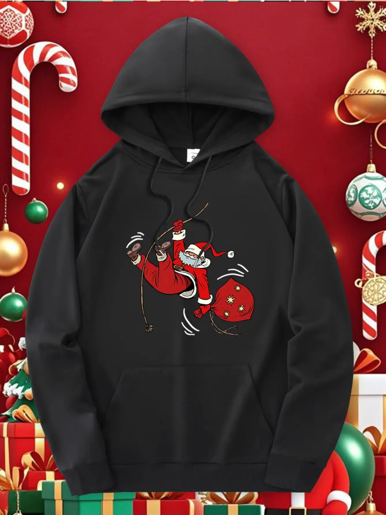 Autumn and winter loose hooded sweatshirts for men and women, featuring pictures of Santa Claus as Christmas themed gifts