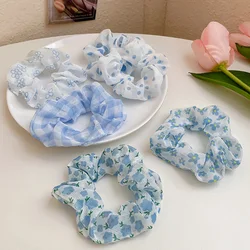 Blue Series Chiffon Scrunchies Ponytail Holders Rubber Band Sweet Hair Accessories Organza Mesh Hair Rope Floral Hair Ring