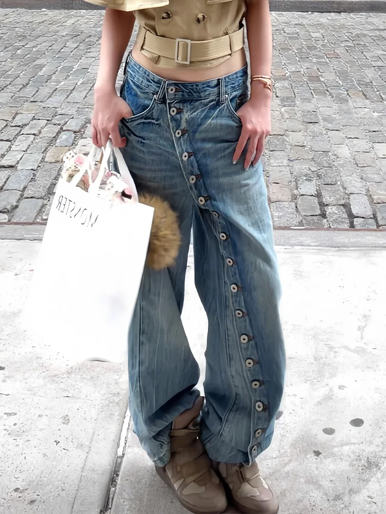 

American Style Spicy Girl Design Sense Slanted Button Jeans Women Summer Vintage Washed Floor-Length Pants High Waist Straigh...