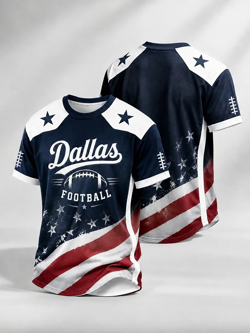 Fashion Men's Dallas Rugby Pattern Short Sleeve T-Shirt Top Summer Lightweight and Breathable Quick Drying Sport Men's Clothing