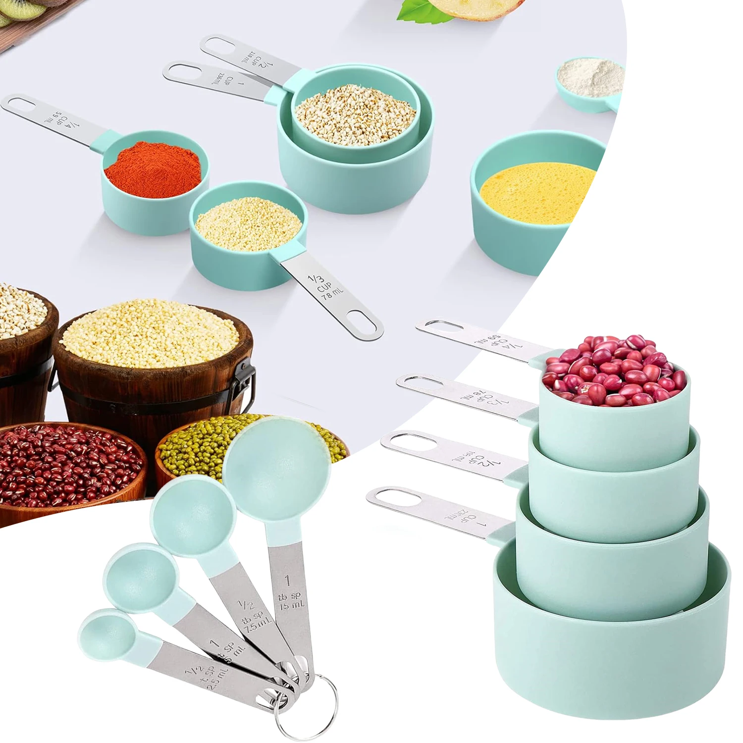 8PCS Measuring Cup Measuring Spoon Set with Stainless Steel Handle and Scale for Measuring Grain and Dessert Materials